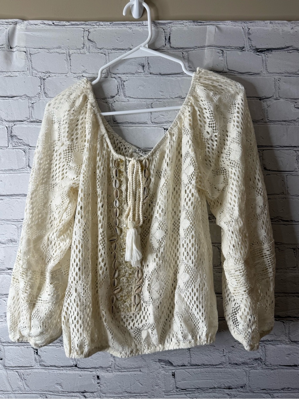 Anisa Spain Boho Cream Crochet Peasant Top with Tassel Tie m/l